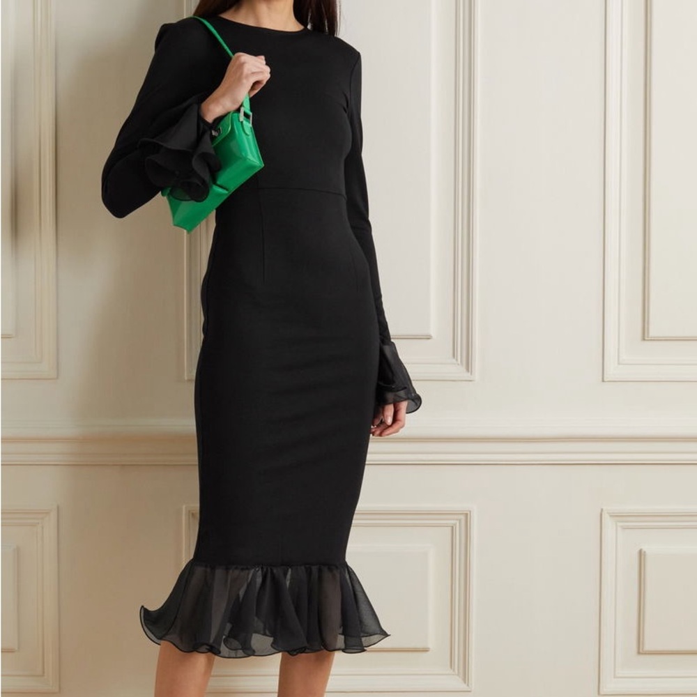 ROTATE Birger Christensen Irena Black Open Back Midi Dress Chiffon Trim